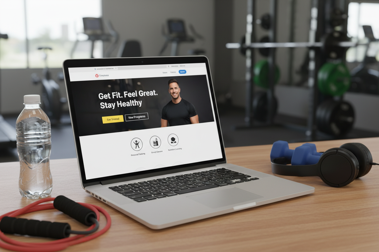 Personal trainer holding a tablet while reviewing a workout plan with a client in a modern gym