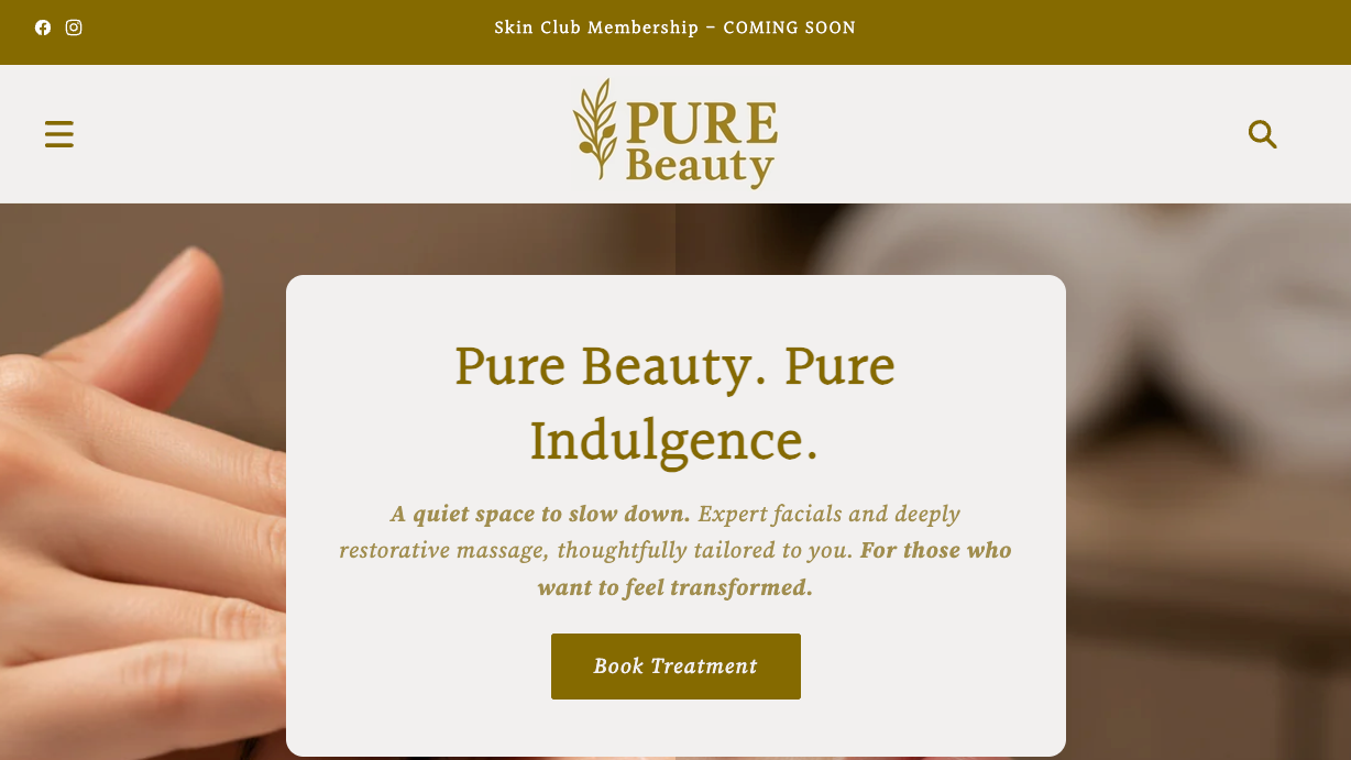 Pure Beauty Shopify homepage showing a branded beauty services website with treatment-led layout, booking-focused sections and premium salon presentation.