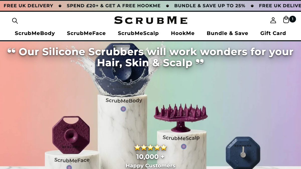 ScrubMe Shopify store homepage and product page preview with custom sections and support hub