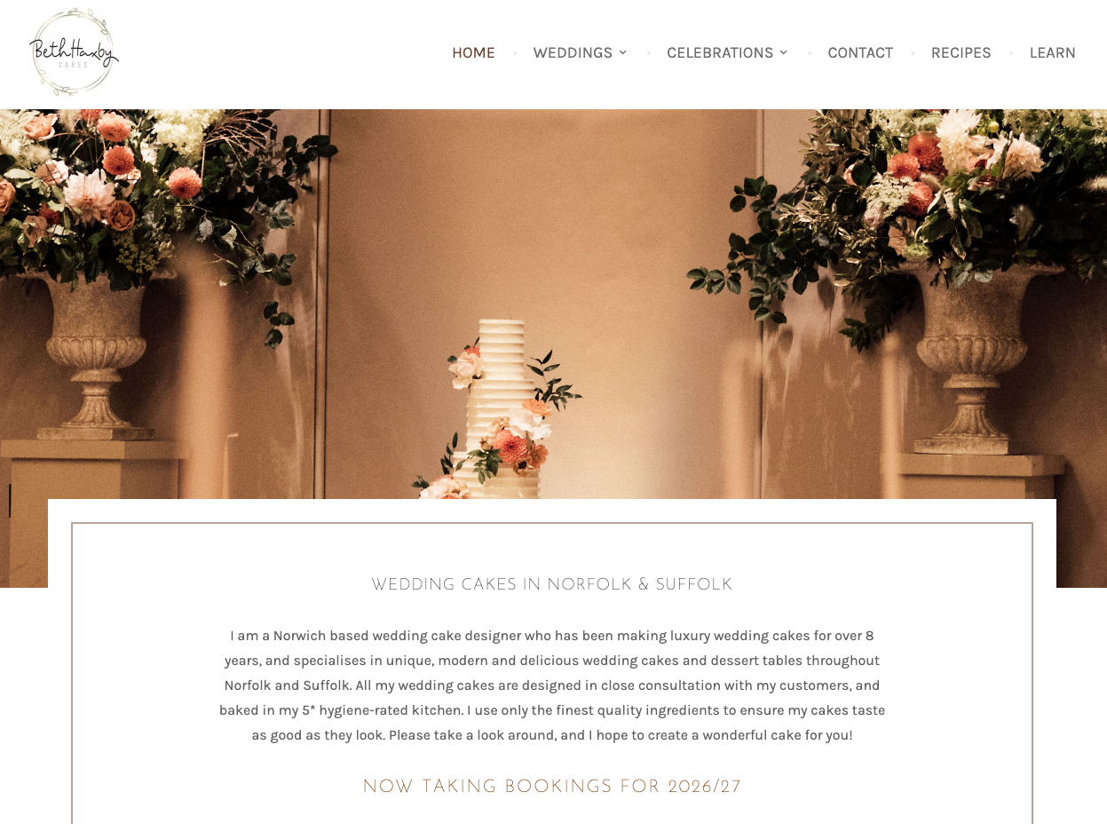 Beth Haxby Cakes WordPress homepage showing a premium cake business website with elegant branding, visual presentation and enquiry-focused structure.