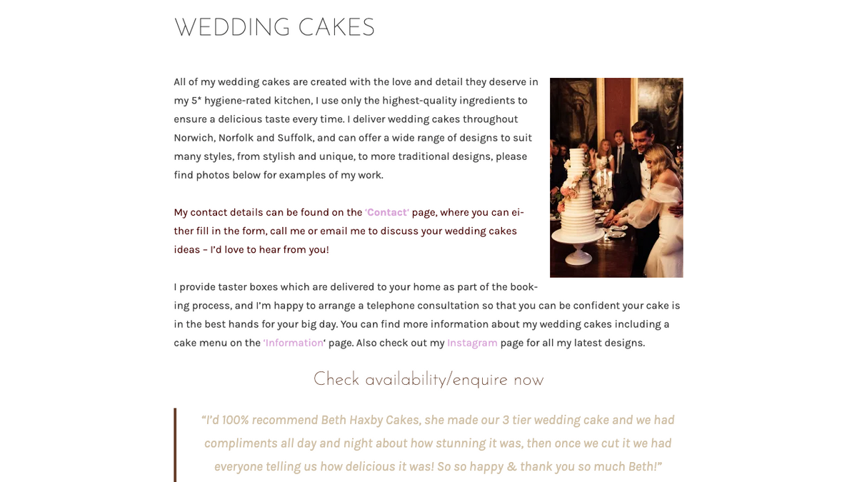 Information page with image gallery showing cake designs, visual content and structured brand information.