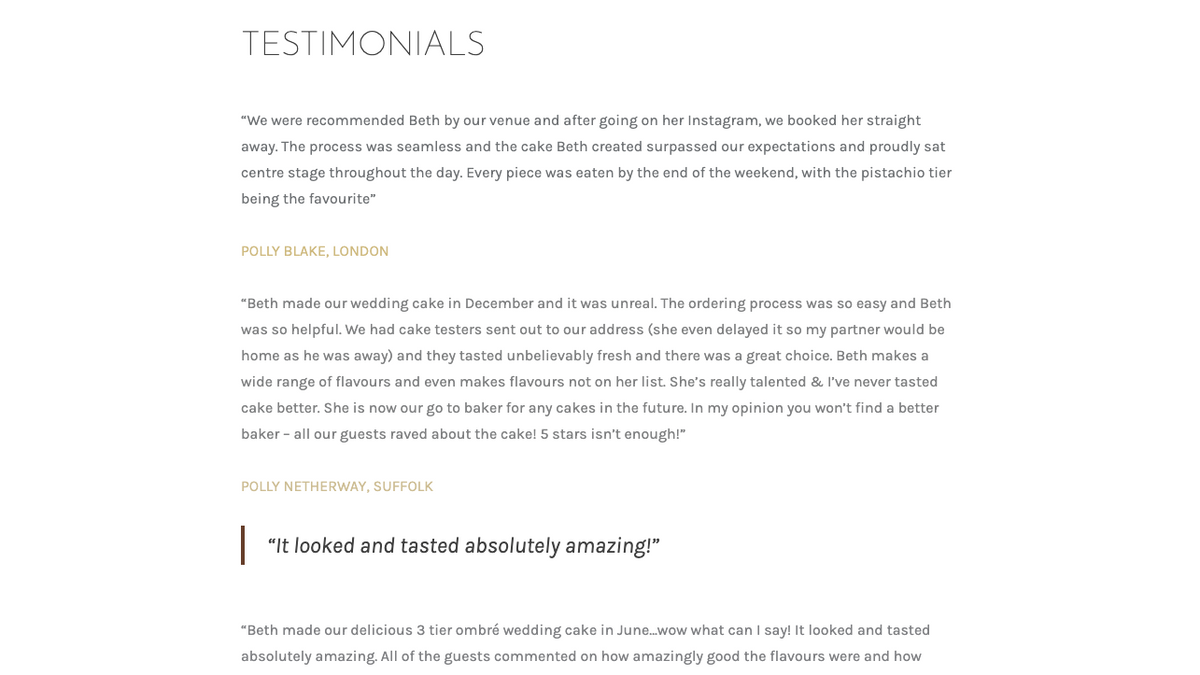 Testimonials page showing customer reviews and feedback for a cake business, designed to build trust and credibility.