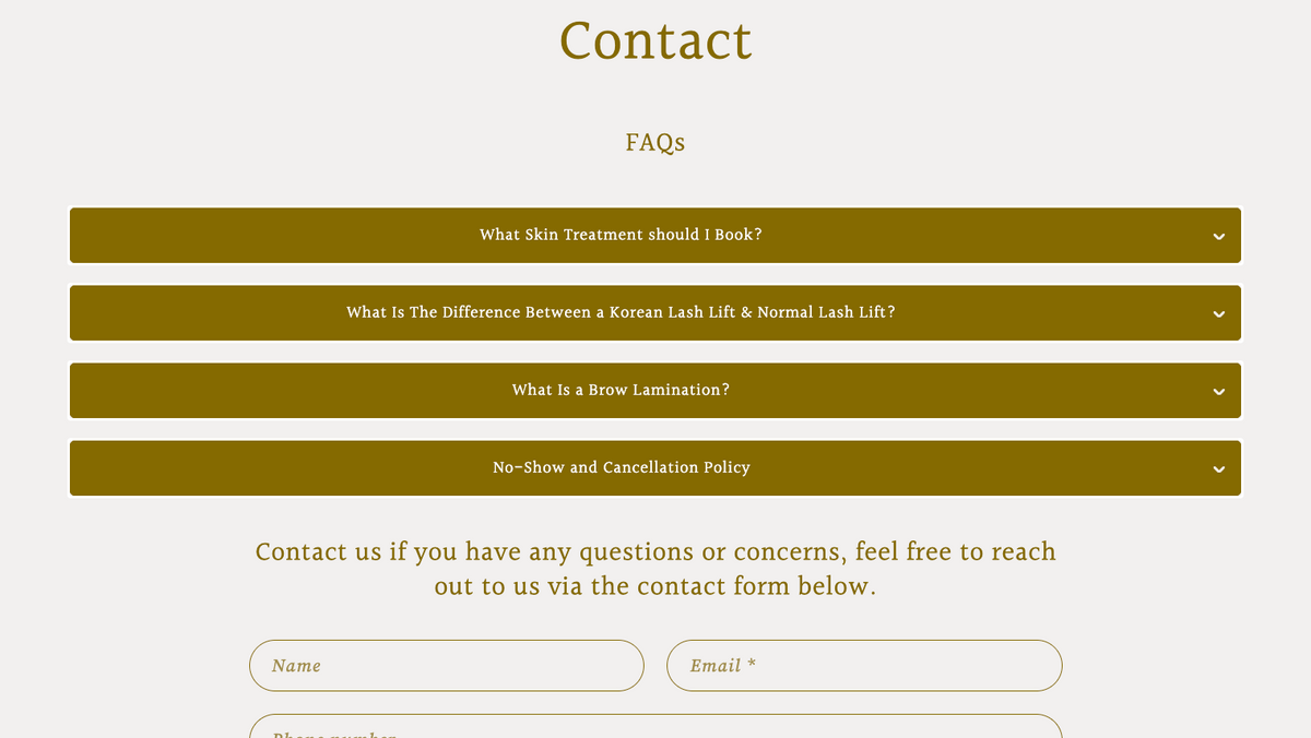 Custom FAQs and contact page designed to help users find answers quickly and get in touch easily through structured support content.
