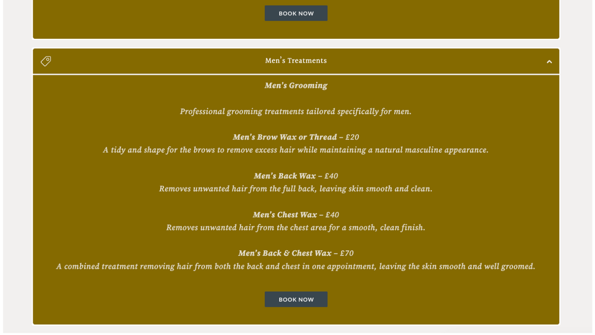 Custom online appointment booking system integrated into a beauty website, allowing clients to view availability and book treatments directly.