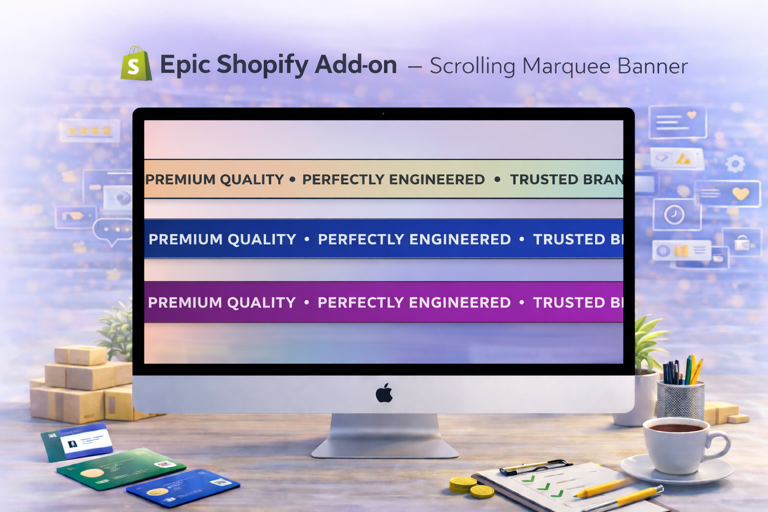Laptop displaying a Shopify add-on banner with shopping elements on a light background