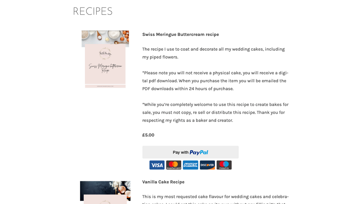 Recipe purchase page for a cake business website showing digital product listings, pricing and a clear checkout journey.